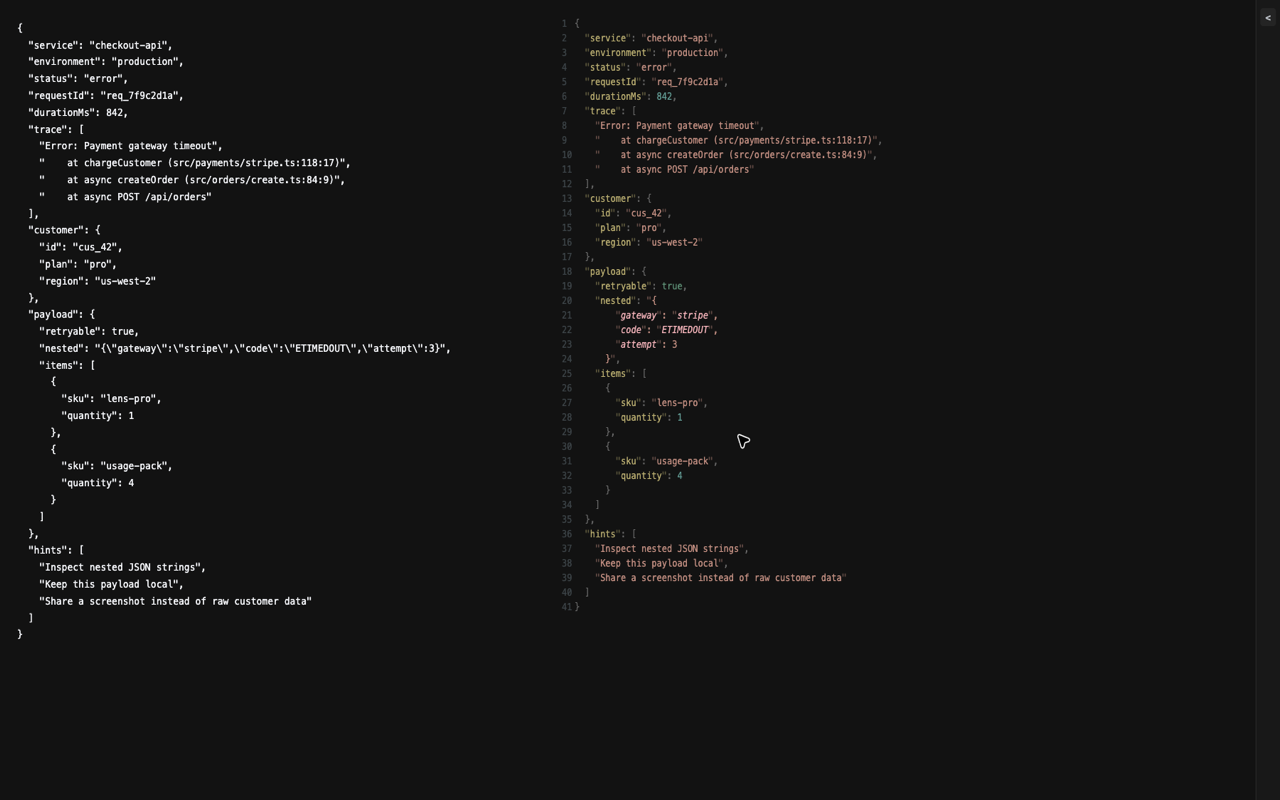 Formatted JSON log view
